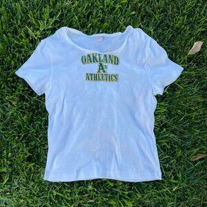Vintage 90s Baseball Baby Tee Oakland A’s Womens Top Size L